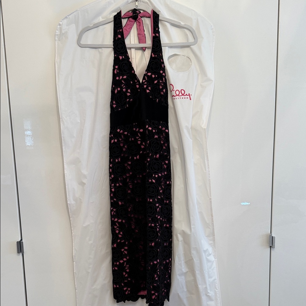 Lilly Pulitzer Black Velvet Halter Dress with Pink Lining (worn once)